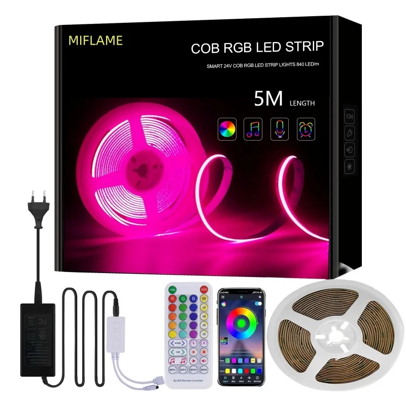 Zestaw kolorowych taśm Led RGB 24V Cob z elastycznym ściemnianiem, wysokiej jakości 840 diod led/m Cob Strip RGB Zasilacz do pilota zdalnego