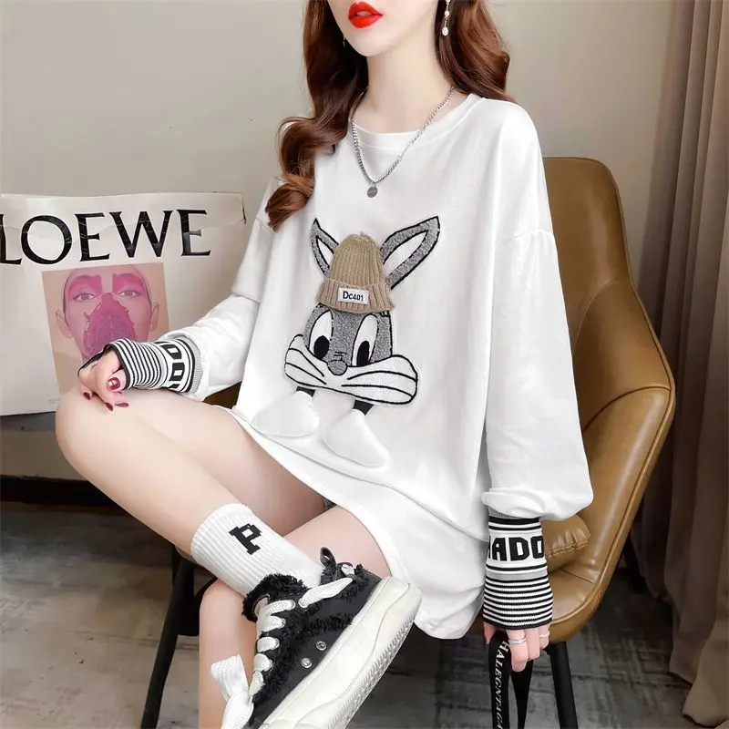 Winter Fleece Loose Fashion Printing O-neck T-Shirts Women Clothing Casual Letter Long Sleeve Striped Mid Length Top Female Tops