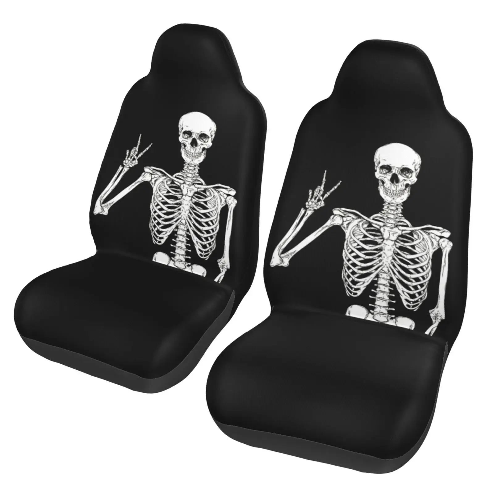 Black and White Halloween Skull Print Pattern Car Seat Cover Set of 2 - Front Seat Cover - Universal Anti-Slip Design