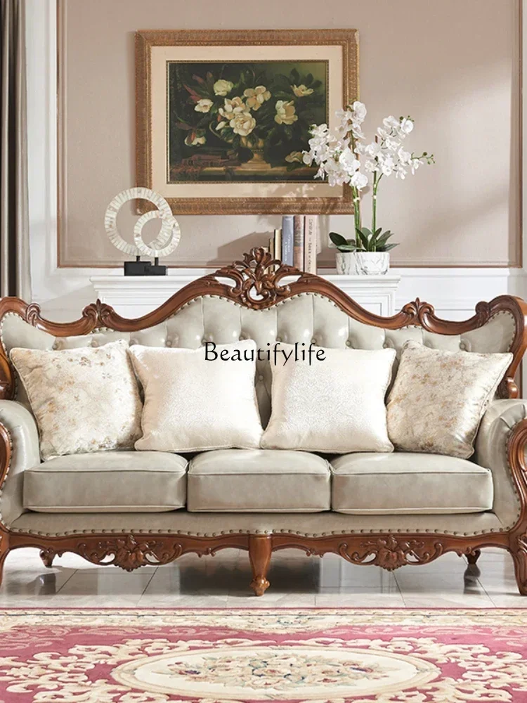 

D06solid wood leather sofa luxury engraving 123 high-end whole house custom American style