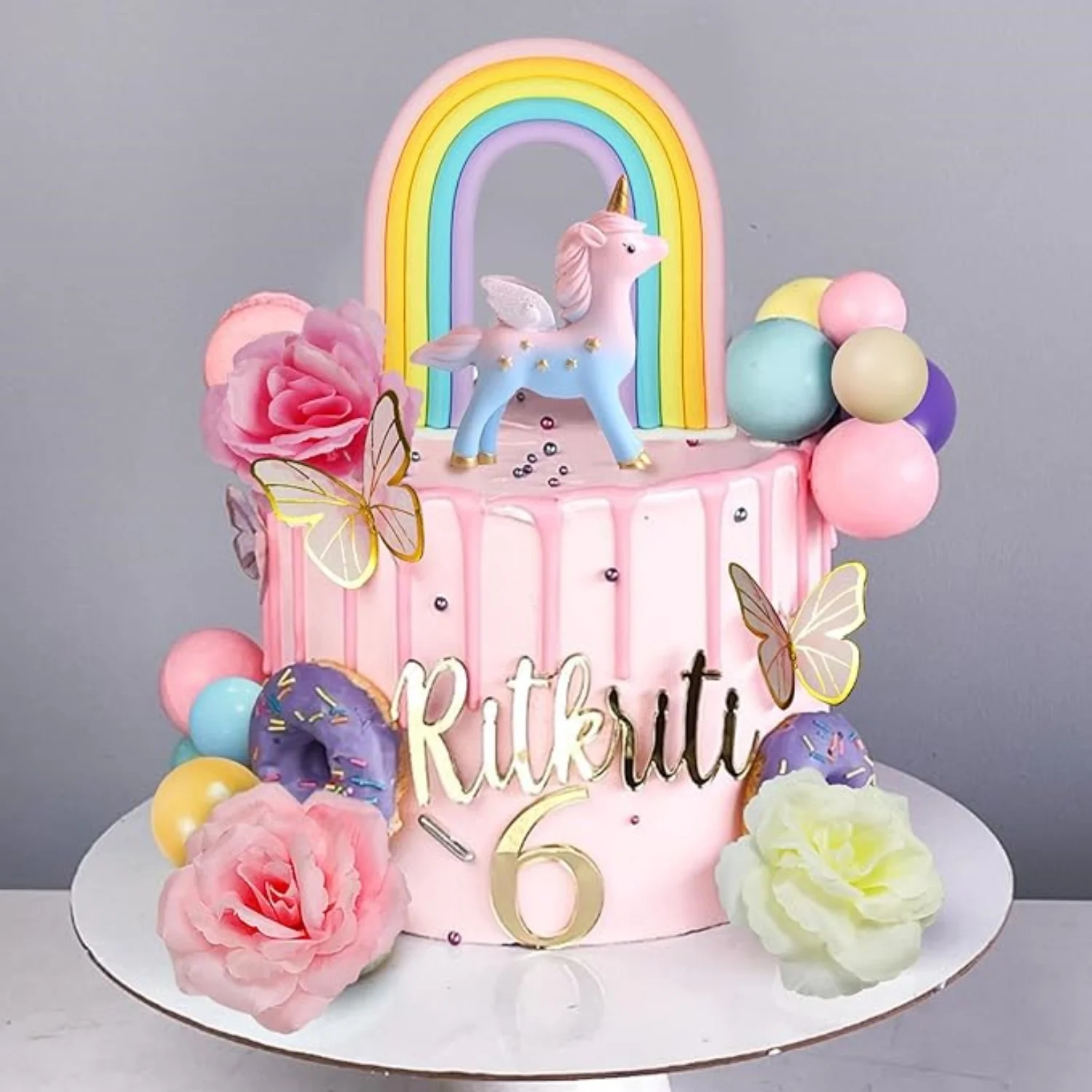 Adorno para tarta de unicornio, arco de bola de pelo rosa, alas de arcoíris, pancarta de cumpleaños, globo de nube, estrellas, pequeño unicornio, decoración de pastel de arcoíris