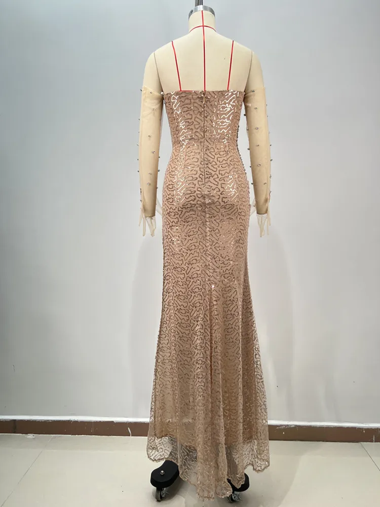 Sexy Strapless Backless Mesh Sequins Crystal Diamonds Maxi Long Women Celebrity Dress 2025 Elegant Party Evening Club Vestido