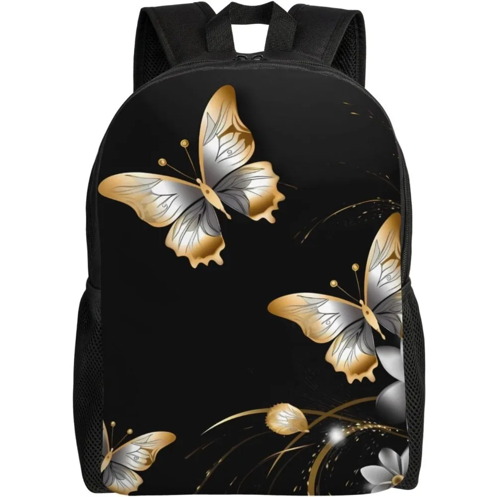 

Gold White Butterflies Black Cute Backpack Waterproof Lightweight Laptop Backpack Shoulder Bag Casual Daypack For Women Men