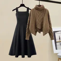 Women's Autumn Winter New In Matching Set Korean Elegant Vintage High Neck Knitted Sweater A-line Strap Dress Two Piece Suit
