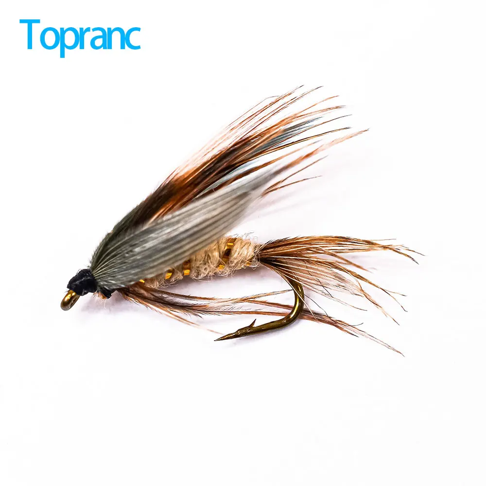 Topranc 12Pcs 12# Hook Insect Bait Artificial Insect Baits Lure Brown Muddler Minnow Trout Fly Fishing Lures