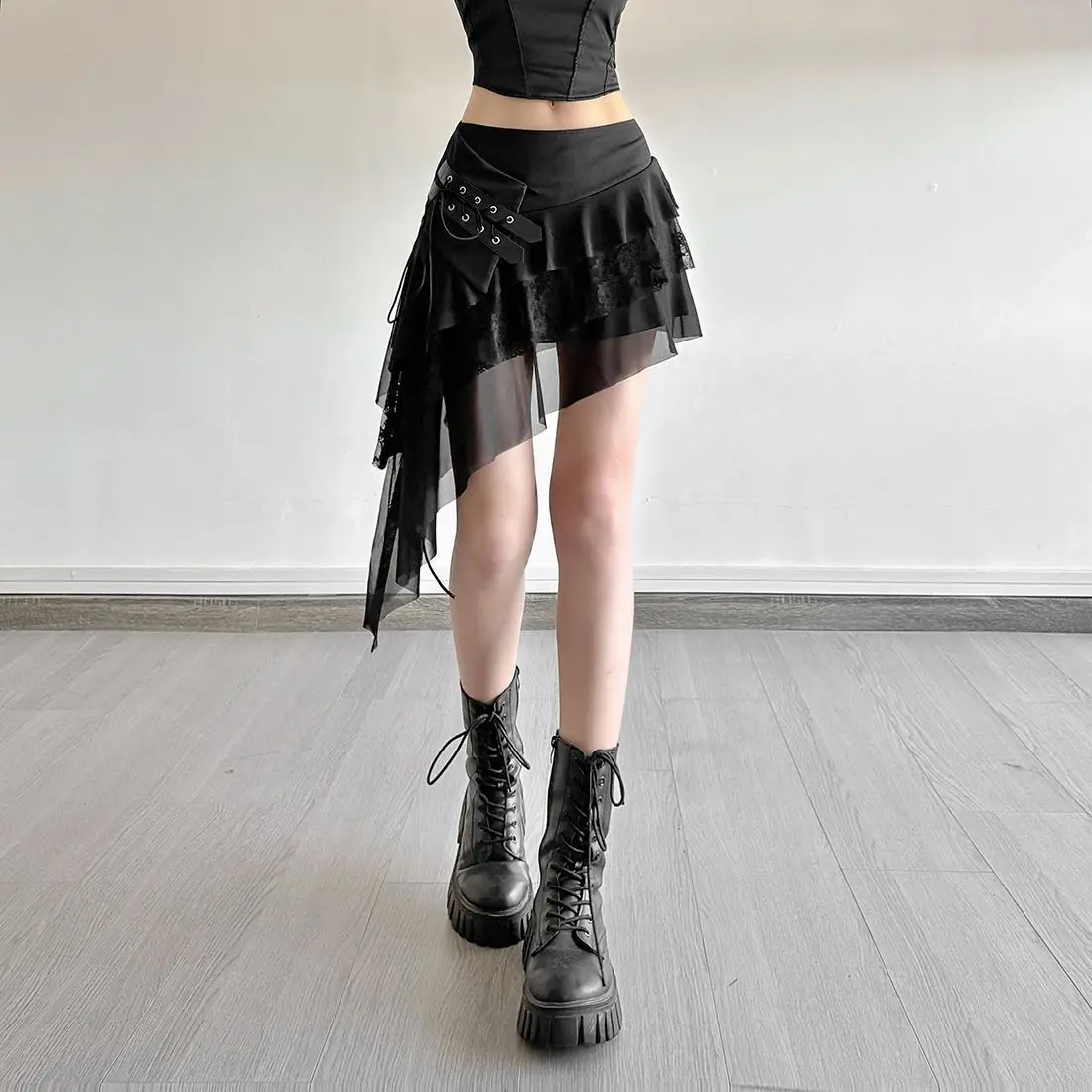 26SS Punk Lace Stitching Design Irregular Lace-up Skirt Women