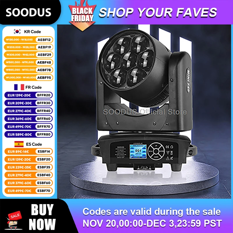 

7x40W Zoom Moving Head Wash Light Sound Active Stage Beam Spotlights LED Rotating Par Light for Wedding KTV DJ Party Lighting