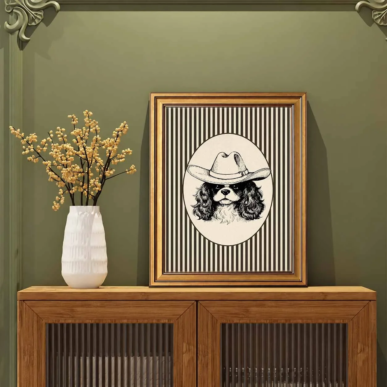 Retro Striped Dog Canvas Print With Vintage Gold Frame, Western Cowboy Cavalier Pet Wall Decor For Farmhouse Room