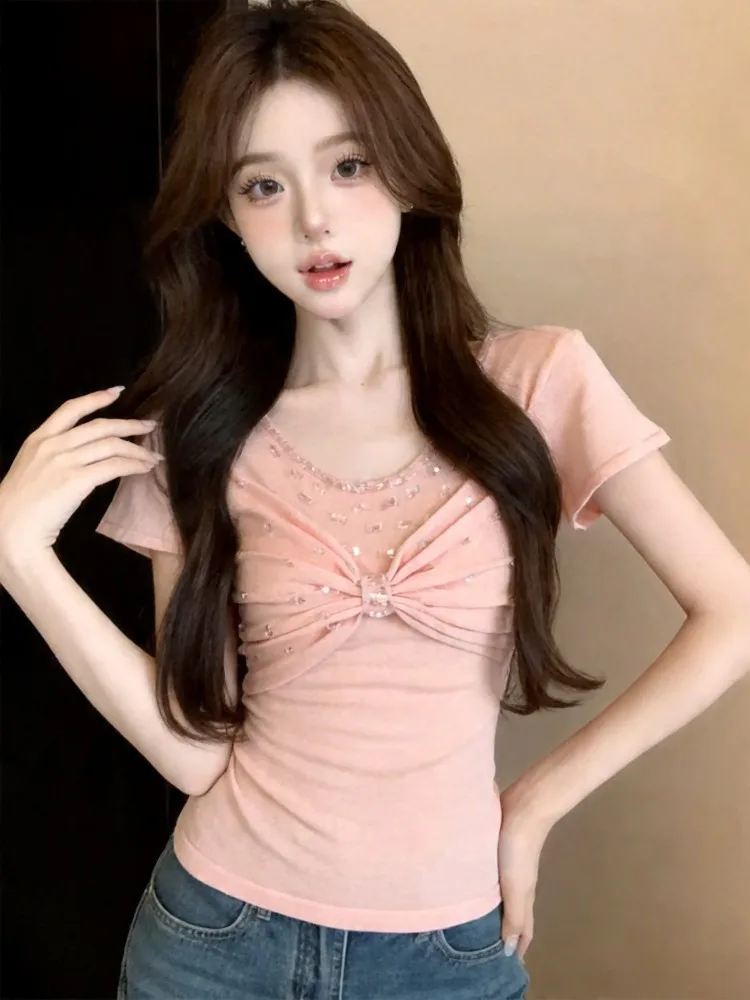 

Pure Desire Spicy Girl Dopaamine Folded round Neck Short Knitted T-Shirt Slim Fit Beautiful Summer Short Sleeve Top