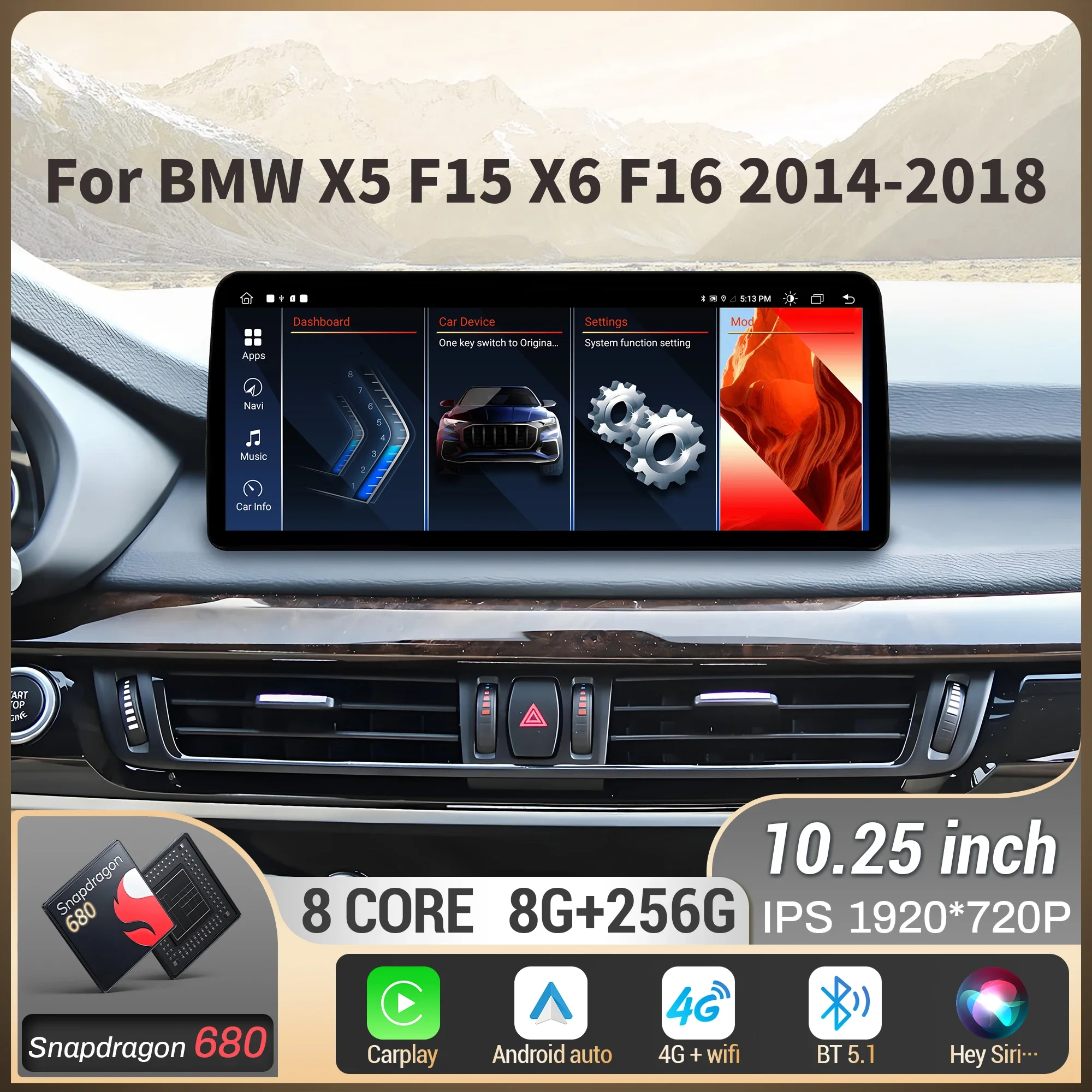 10.25 Inch Car Radio for BMW X5 F15 X6 F16 2014-2018 Wireless Bluetooth Carplay Head Unit Snapdragon 680 Touch Screen