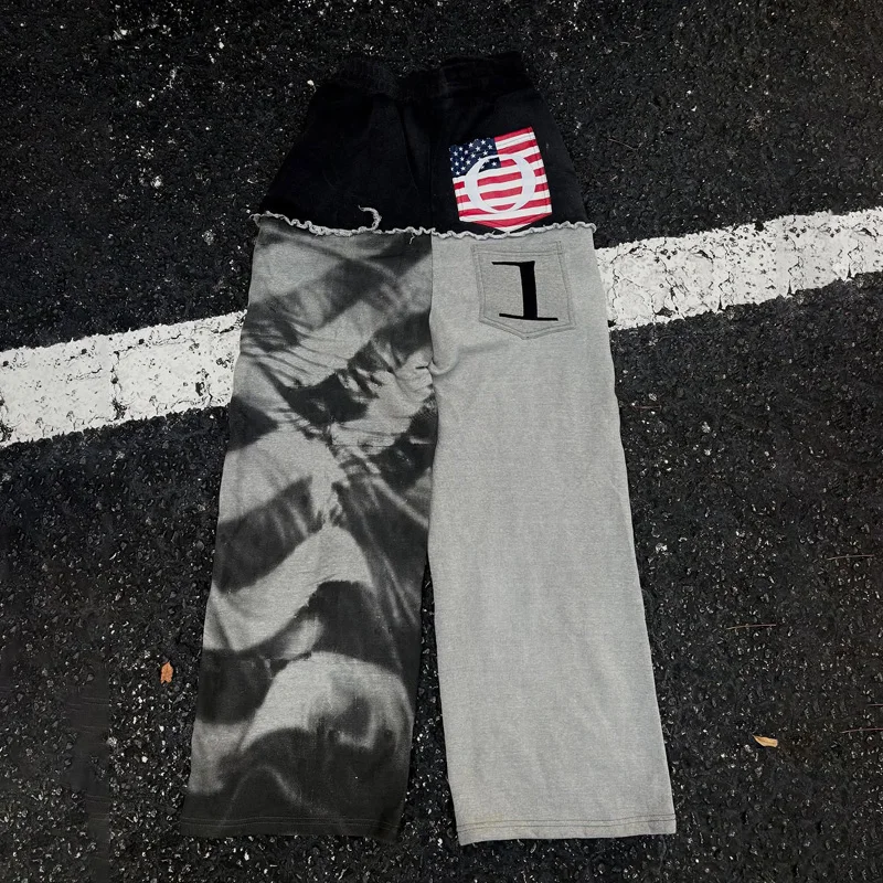 

American high street hip hop pants Y2K high waisted patchwork drawstring unisex retro graphic double pocket embroidered pants