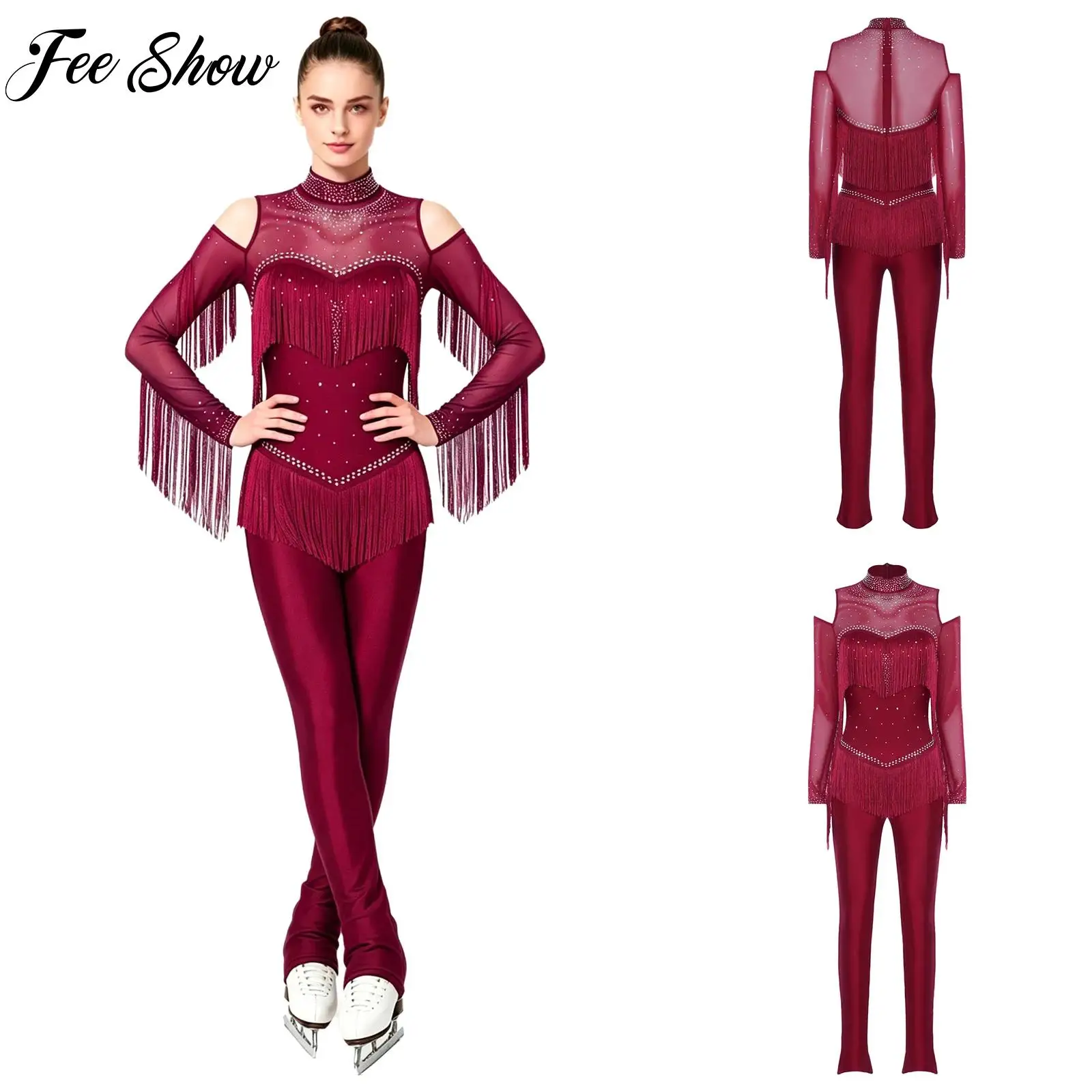 Womens Figure Skating Glitter Rhinestone Jumpsuit Tiered Tassel Leggings One-piece Rompers Bodysuit for Gymnastics Dancing