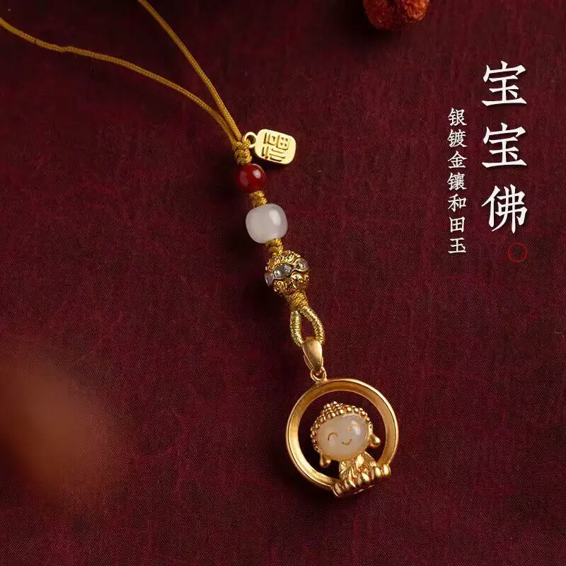 Natural Xinjiang Hotan Jade Baby Buddha Mobile Phone Chain Brand Fortune Lucky Hanging Rope USB Disk Pendant Bag