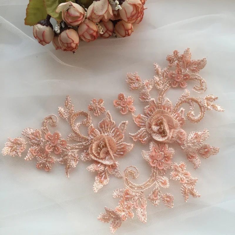 DIY Handmade Beaded Flower Patch, Multicolor Applique, Wedding Dress Accessories, Lace Mending Clothes, RS2048, 4 Pieces/2Pair