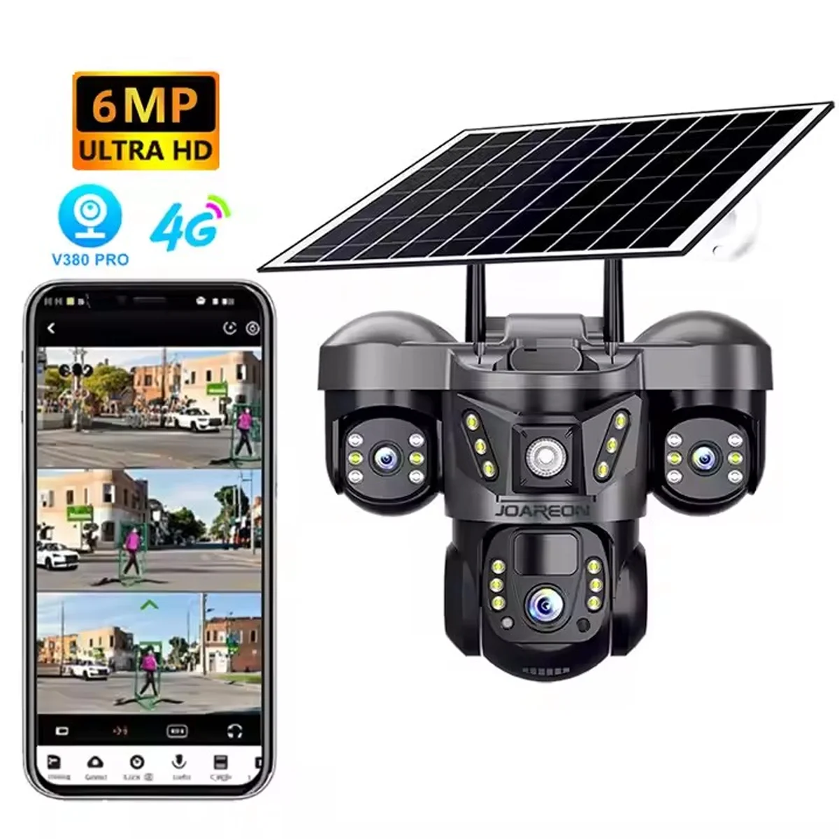 

Solar 4G/WIFI Security Camera 6MP: 350° Pan/Tilt, Night Vision, 8000mAh Battery, 4G SIM Support, Weatherproof, V380 Pro App