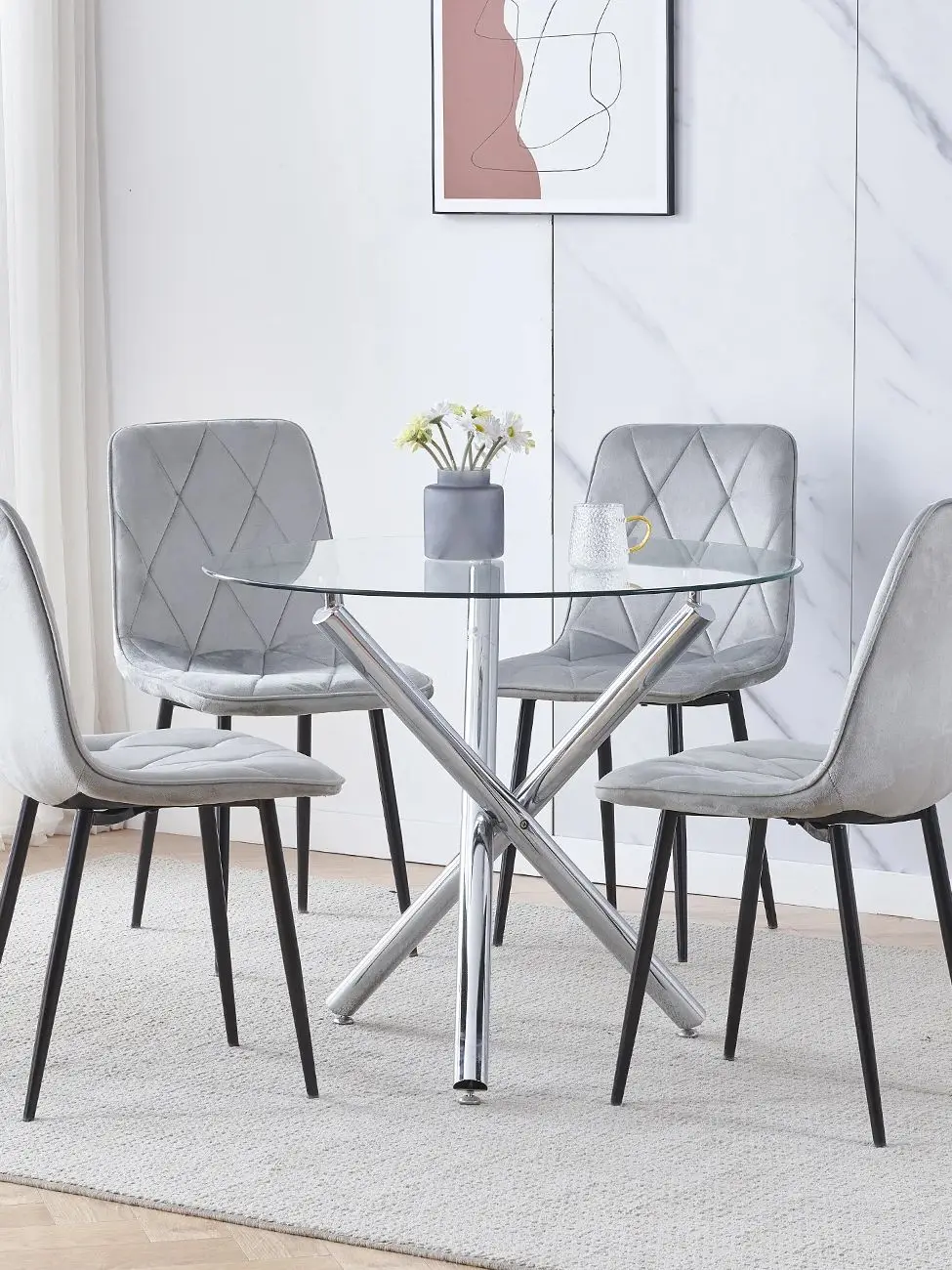 BonChoice 5Pcs Round Dining Table and Chairs Set 4 for Dining Room, Glass Dining Table with 4 Velvet Padded Chairs, Comfortable