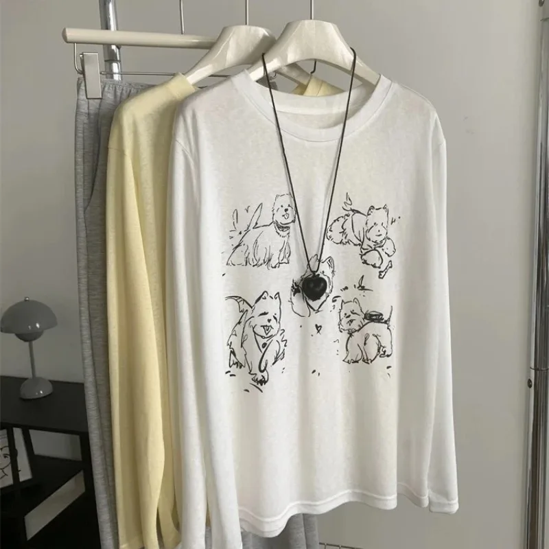 Korean Simple Puppy Print T-shirt Women's Long-sleeved Loose Slimming Top Ins