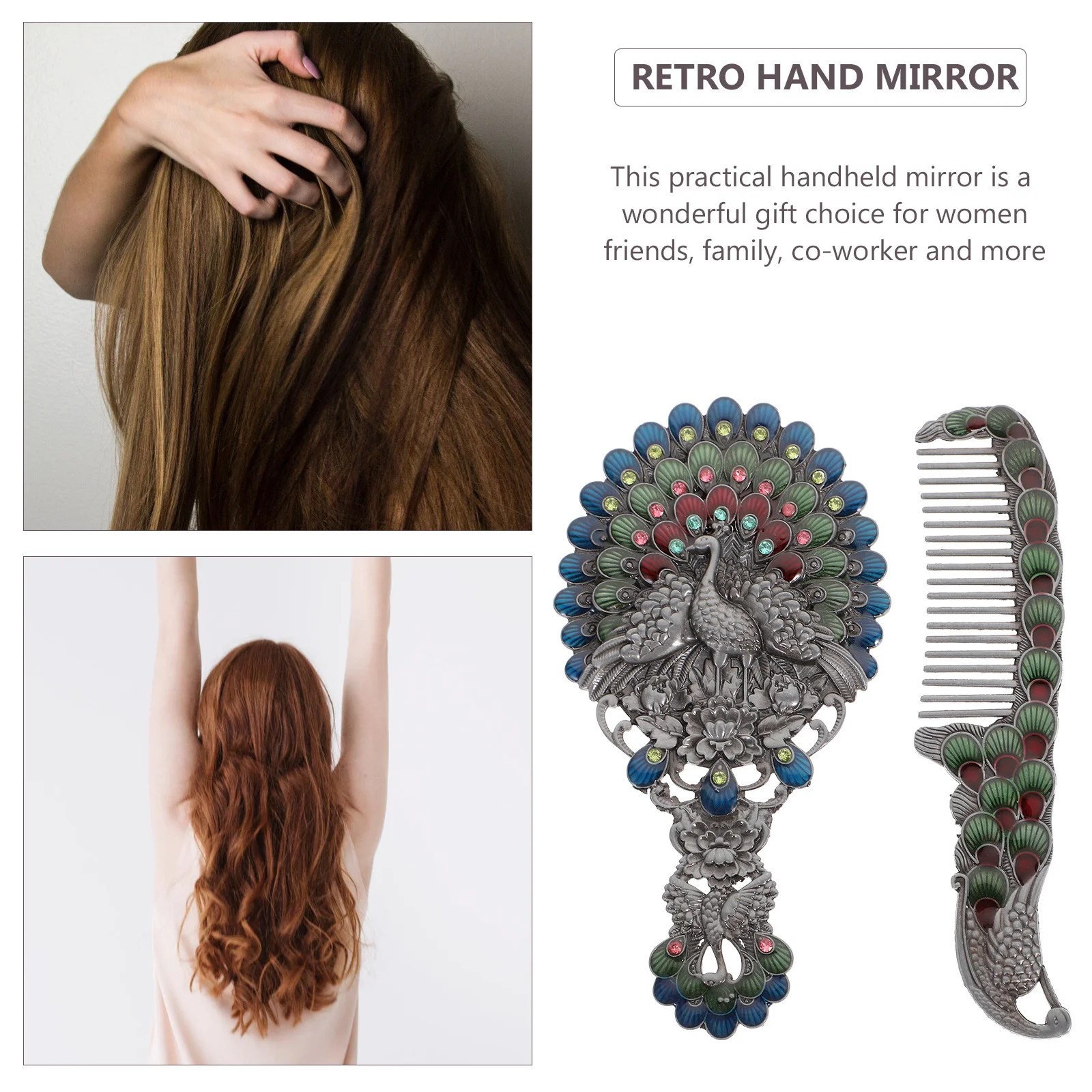 2 قطعة مرآة عتيقة ومشط مجموعة تصميم الطاووس مرآة ماكياج محمولة مدمجة صغيرة محمولة للسفر فكرة هدية المنزل #1