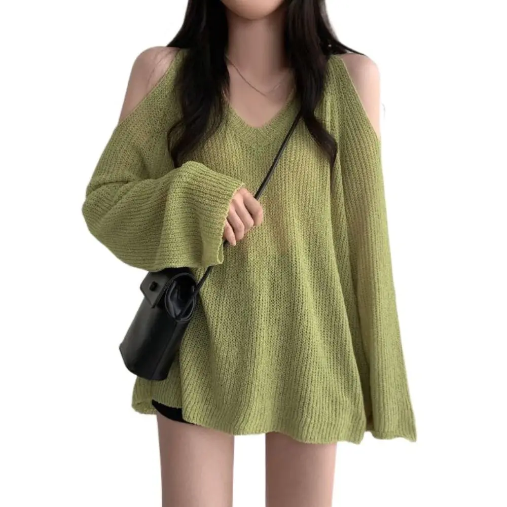 Chic oco para fora malha longa camiseta pulôver manga longa crochê malhas com decote em v chique malha solta topo menina