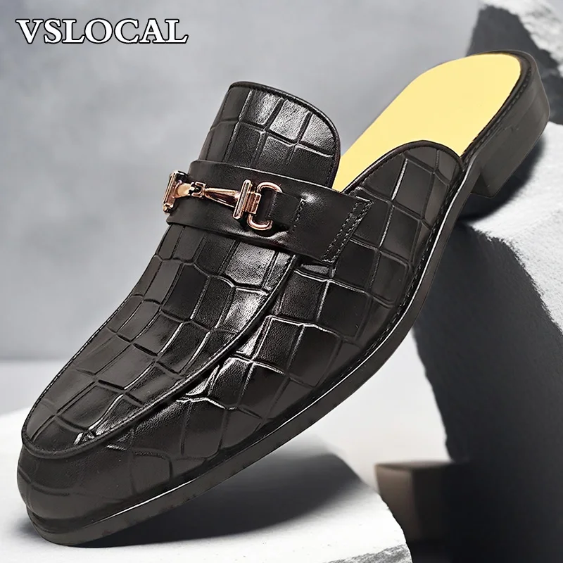 

Luxury Brand Men's Mules Half Shoes Black Brown CROCO Print Casual Mens Dress Shoes Summer Comfortable Leather Shoes Man
