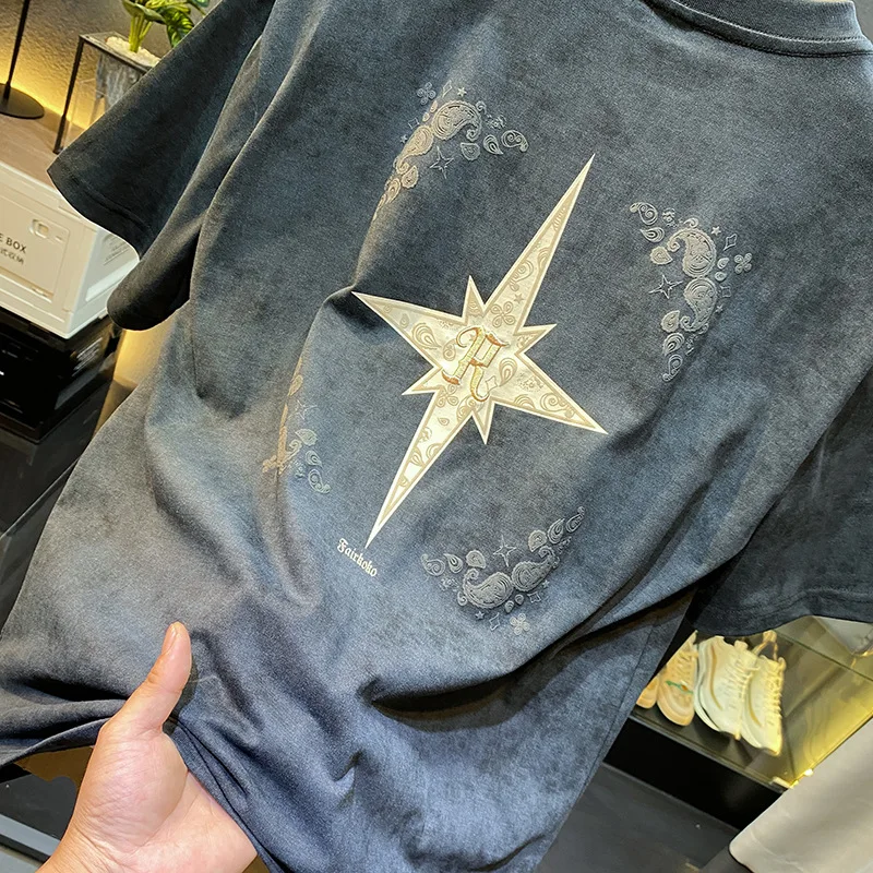2024Summer new light luxurytt-shirt men\'s short-sleeved fashionable embroidered high-end loose large size casual high-density ha