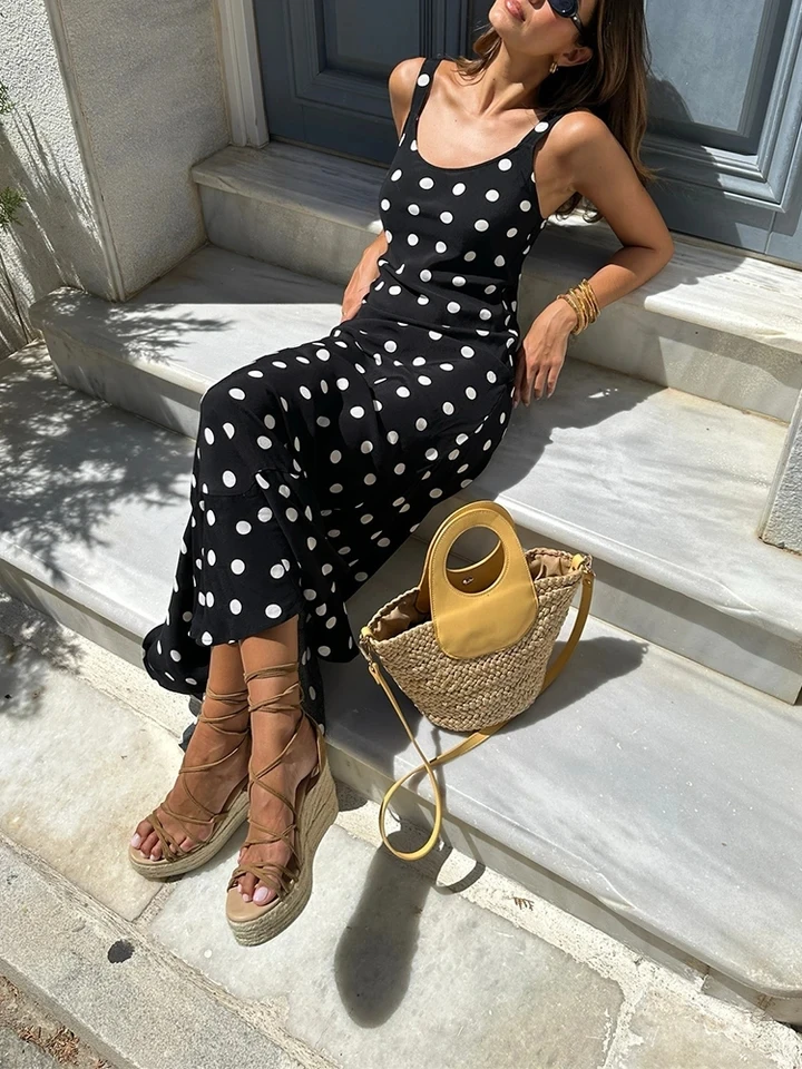

Elegant Sleeveless Slim Wrap Hips Dress Summer Beach Vacation Women's Dresses Stylish U Collar Suspender Polka Dot Printed Dress