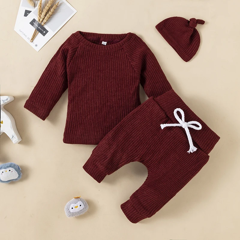 Children\'s Knitting Solid Color Long Sleeve Top Sweatshirt Hat Baby Girl Boy Pants Toddle Three-piece Suits Outfits