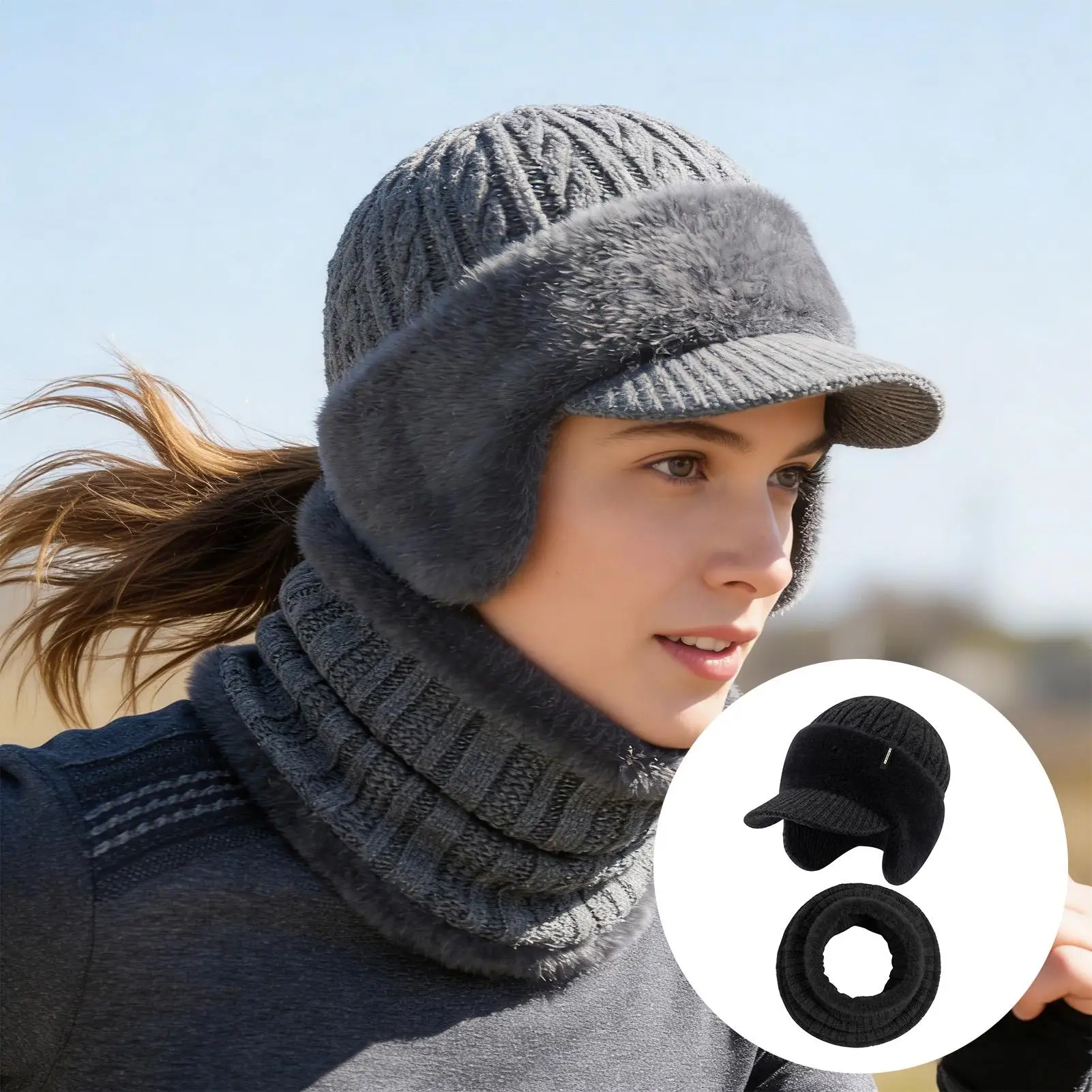 Knit Hat Stretchy Thermal Winter Beanie With Brim Earflap Scarf Breathable Knitted Hat For Daily Commuting Skiing Indoor Outdoor