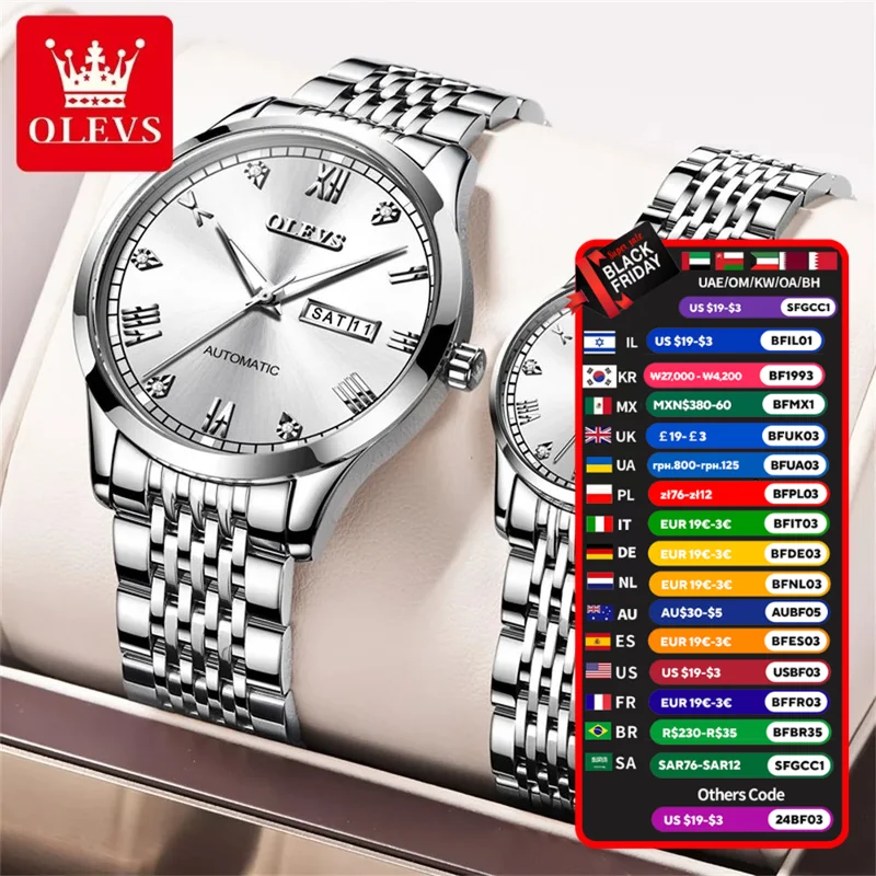 OLEVS Par de relojes automáticos para hombres y mujeres, relojes para él y para ella, conjunto de regalos, Tourbillon mecánico de cuerda automática, cara grande