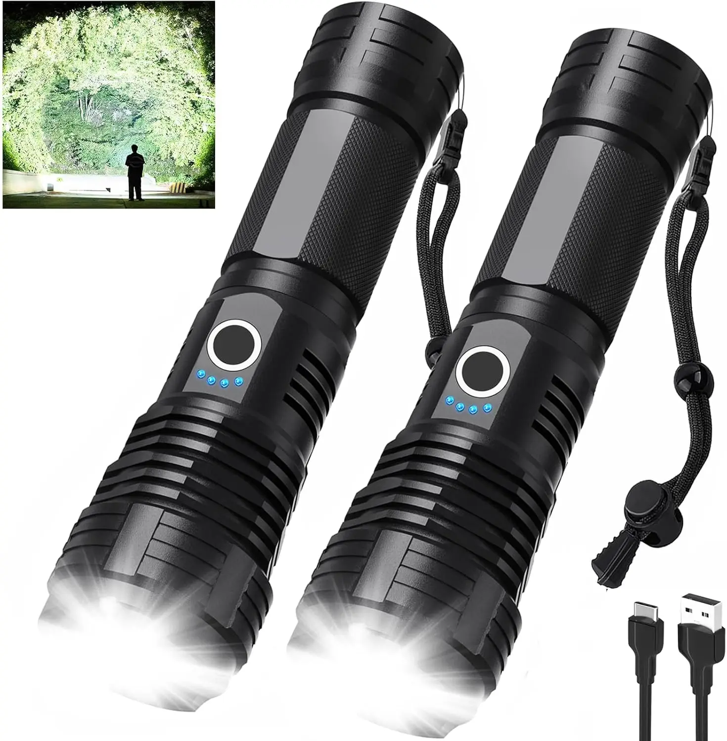 Wiederaufladbare Taschenlampen mit 90.000 Lumen, 2er-Pack, hellste mit 5 Modi und 18 Stunden Laufzeit, IPX7 wasserdicht für Camping, Wandern