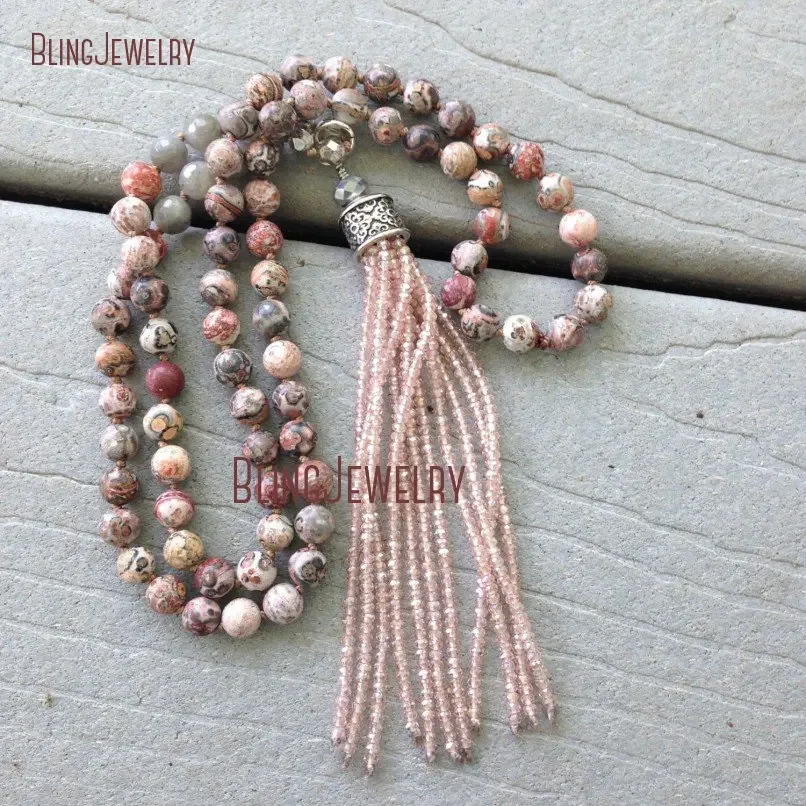 2pcs Earthy Leopard Agate Bead Pink Crystal Fringe Tassel Pendant Long Layered Necklace Women Y2k Grunge Boho Halloween Jewelry