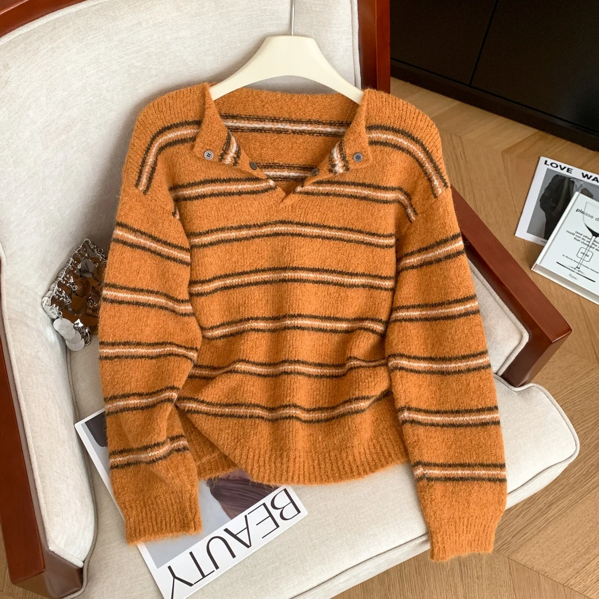 

Женский полосатый пуловер, оранжевый свитер Y2k, винтажный элегантный модный джемпер 2000-х годов с v-образным вырезом, вязаный свитер с длинными рукавами, осень-зима