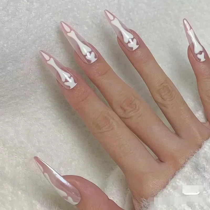 10Pcs Handmade Halloween Bones Press-On Nails Glossy Long Almond Shape Gothic Shiny Fake Nails for Women and Girls Festival Wear