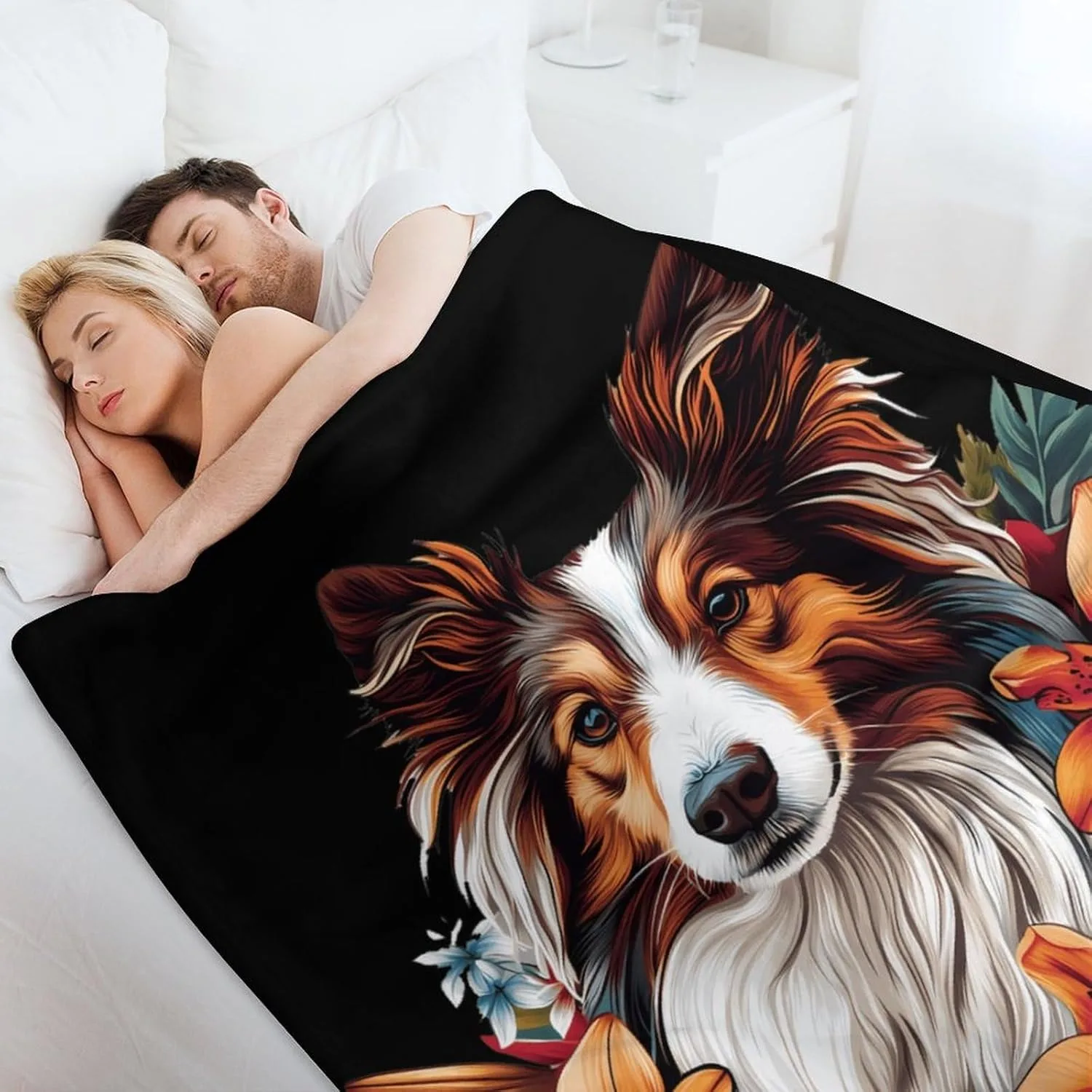Cute Sheepdog Dog Flower Throw Thin Blanket Gifts for Couch Bed Car Home Camping for  Animals Dogs Lovers