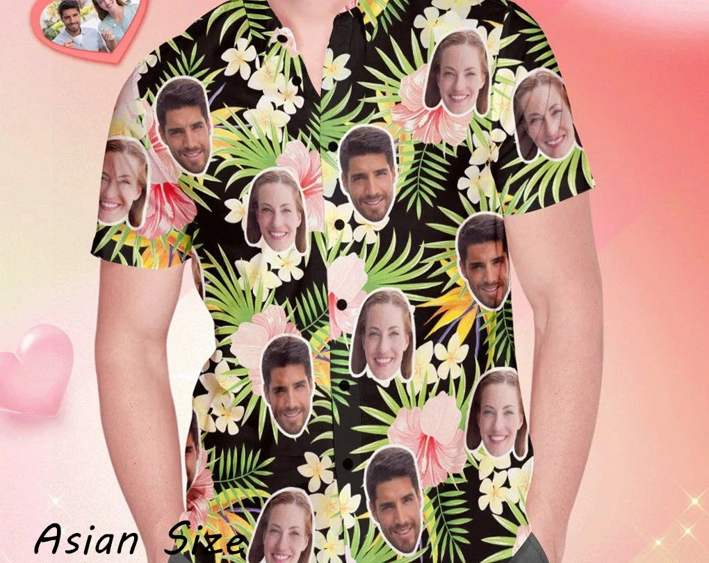

Мужская гавайская рубашка с индивидуальным принтом лица, забавный принт с тропическими растениями, короткий рукав, летняя рубашка в стиле алоха, праздничные блузки