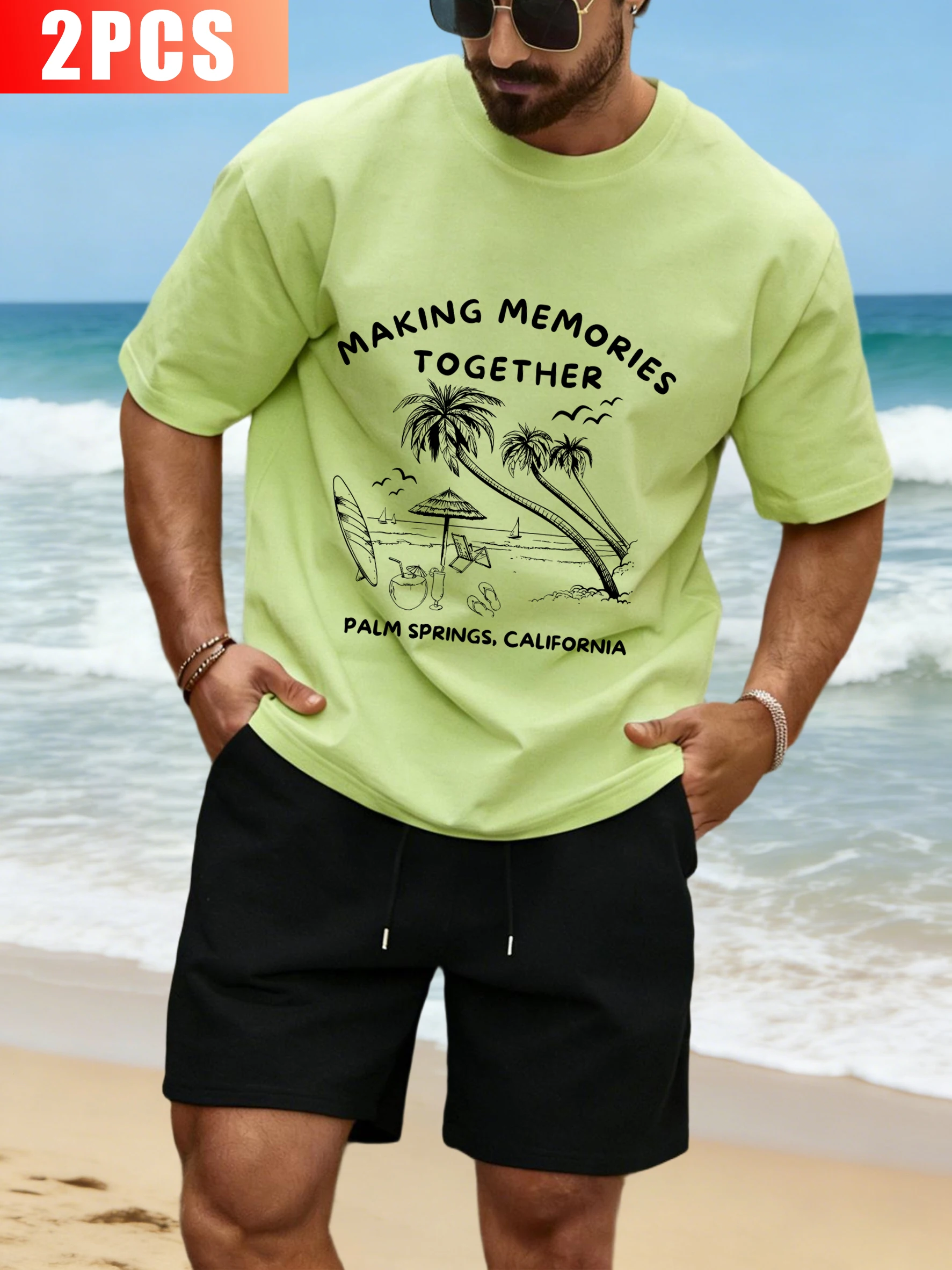 

Making Memories Together Print Man T Shirt Suit Cotton Short Sleeve Casual Wide-Leg Shorts O-Neck Unisex Loose All-Match Tee