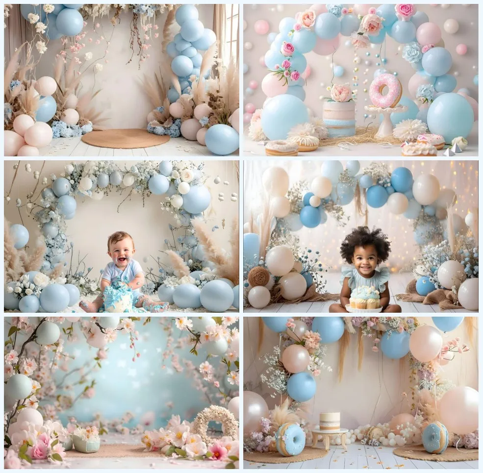 Mehofond Backdrops Blue Blooms Balloons Arch Child Cake Smash Baby Birthday Decor Banner Photography Background Photo Studio