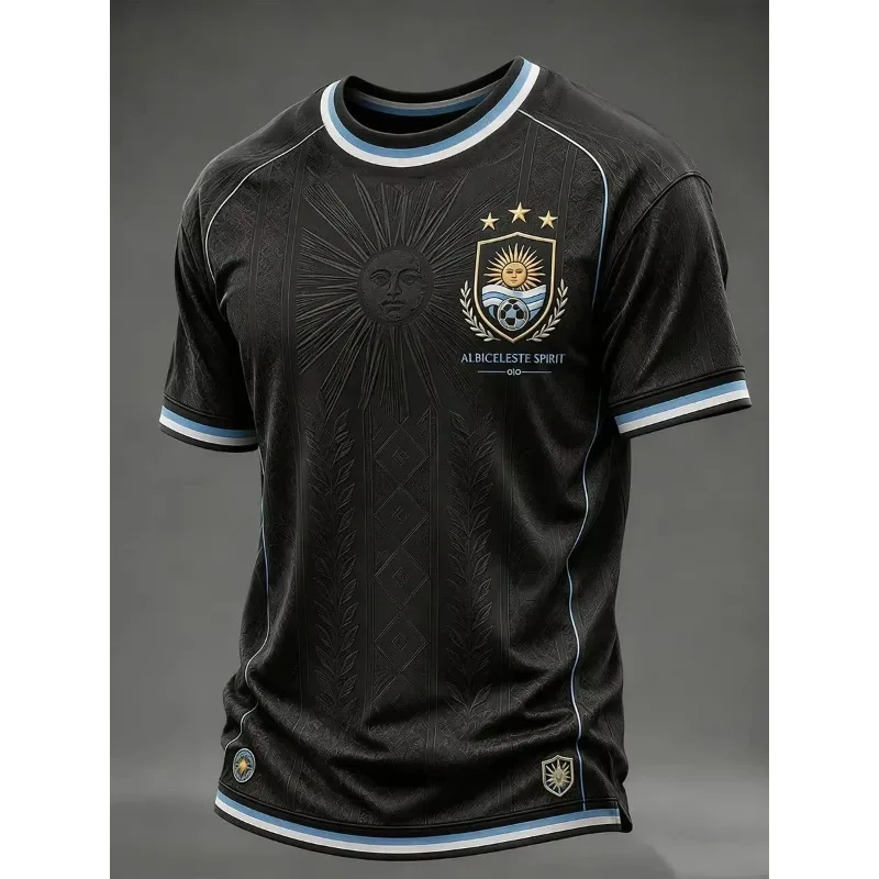 Unisex Argentina Soccer Jersey Striped Jacquard Sun Motif Gold Lettering Triple-Star Chest Crest 2026 Crest Fan Football Shirt