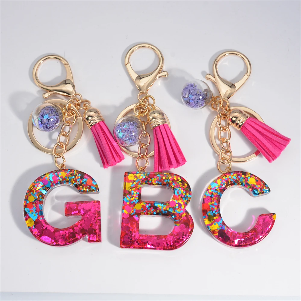 Fashion Tassel Star Ball 26Letters Keychain Colorful Sequins Resin Key Ring for Women Girls Car Handbag Phone Case Pendant Gifts