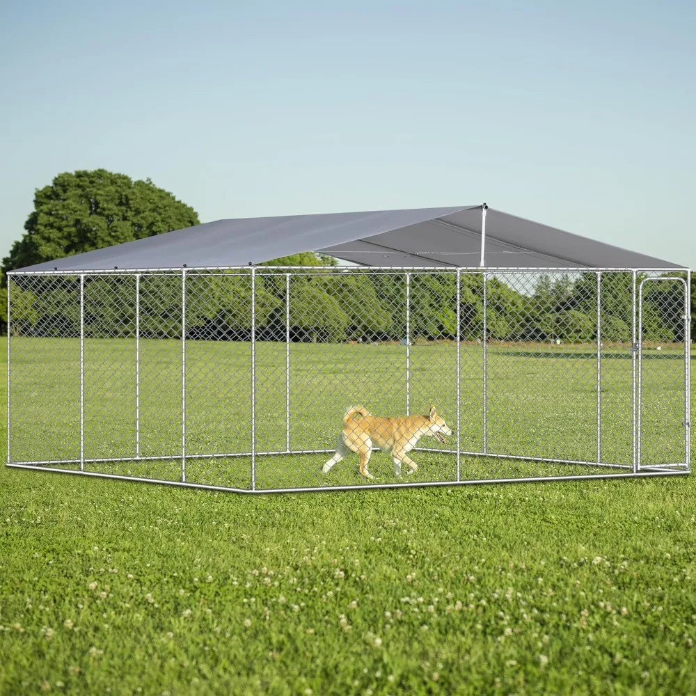 

Extra Large Outdoor Dog Kennel with Roof Waterproof Cover, Cage W/Secure Lock, Galvanized Steel Dog House Enclosure