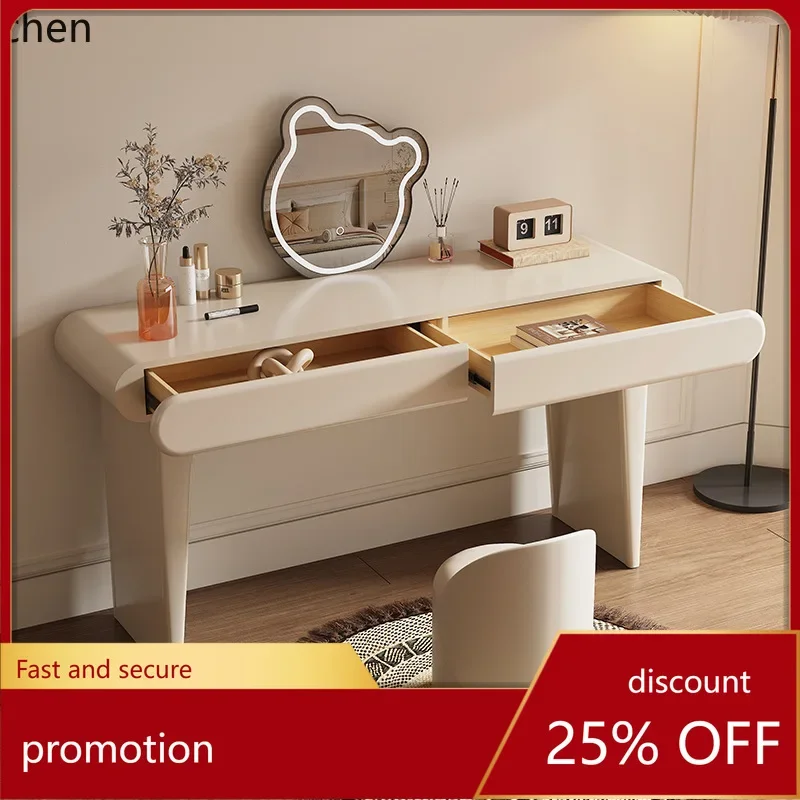 HXL Cream Style Dressing Table Cloakroom Minimalist Large Round Mirror Solid Wood Makeup Table