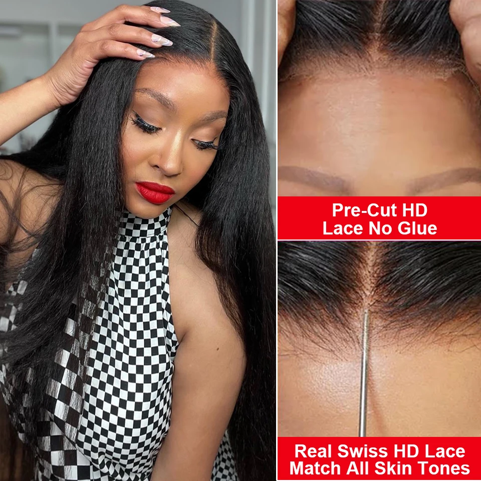 Yaki Kinky Straight Glueless Human Hair Wig for Women, Prête à porter, Pré-plumé, 6x4 HD Lace Wigs, Pre-Cut, No Glue, 200%