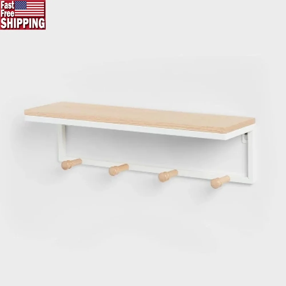 

Matte White Wall Mounted Entryway Organizer with Hooks Open Shelf Iron Rubberwood Functional Storage Solution Bags Plants