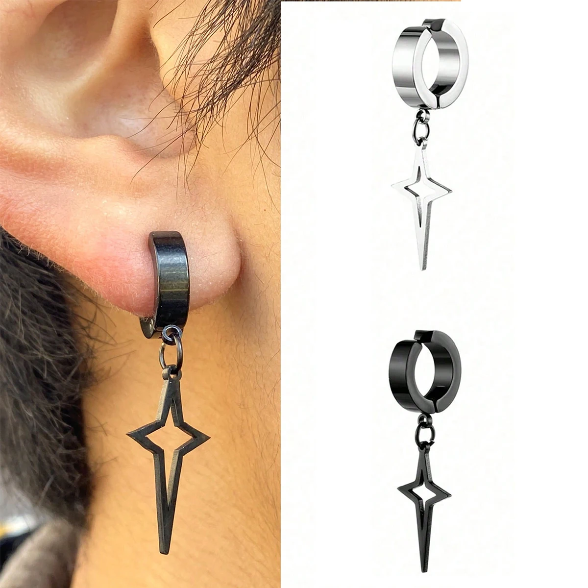 1 Pieza, Pendiente de Clip de Acero Inoxidable Negro Estilo Punk con Cruz y Estrella, Sin Perforación, para Hombres y Mujeres