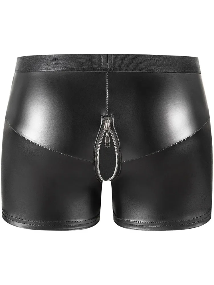 S-5XL Zipper Open Crotch Boxer Shorts Faux PU Leather Convex Pouch Mens Boxershorts Calzoncillos Swimming Trunks Sexy Unerwear