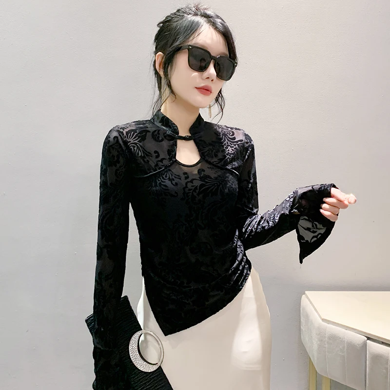 2024, nuovo, vintage, vestiti, autunno, inverno, t-shirt, sexy, supporto, patchwork, scavato, tessuto jacquard, donna, top, manica lunga, magliette, 410105