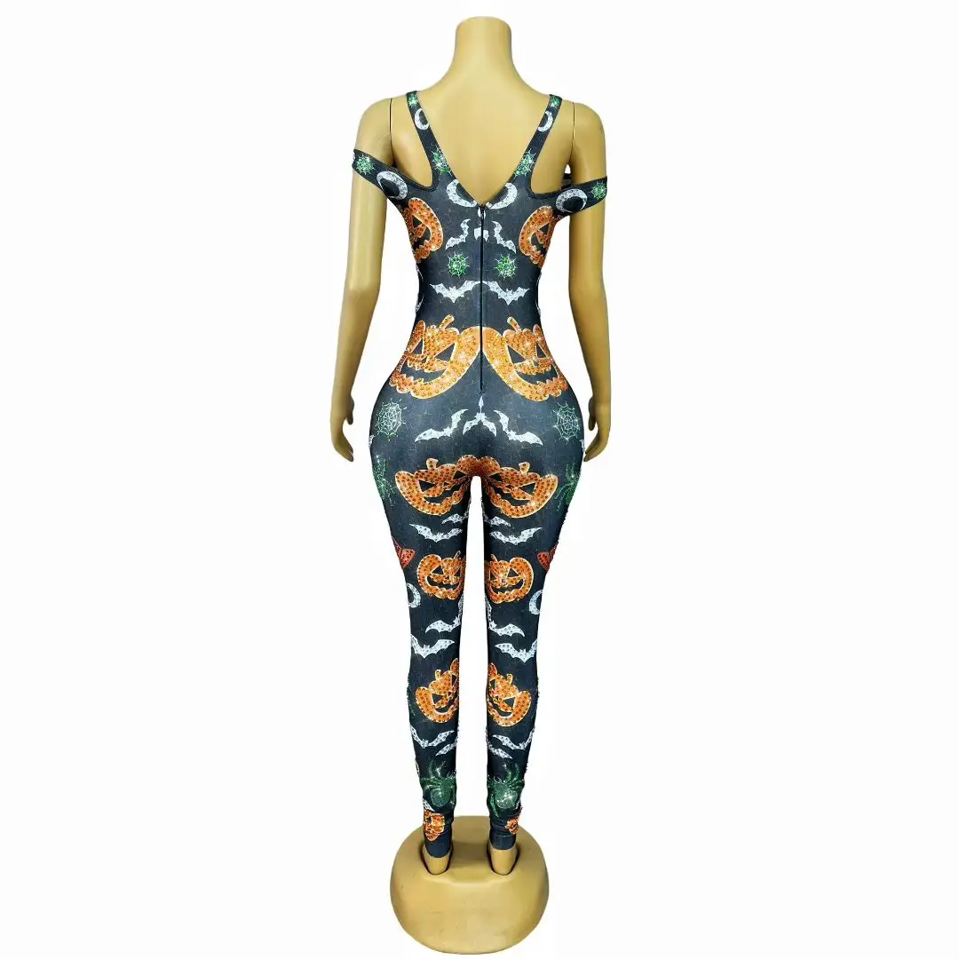 Halloween Skeleton Pumpkin Rhinestone Jumpsuits Women Cosplay Costumes Role Playing Show Bodycon Bodysuits Club Party Rompers