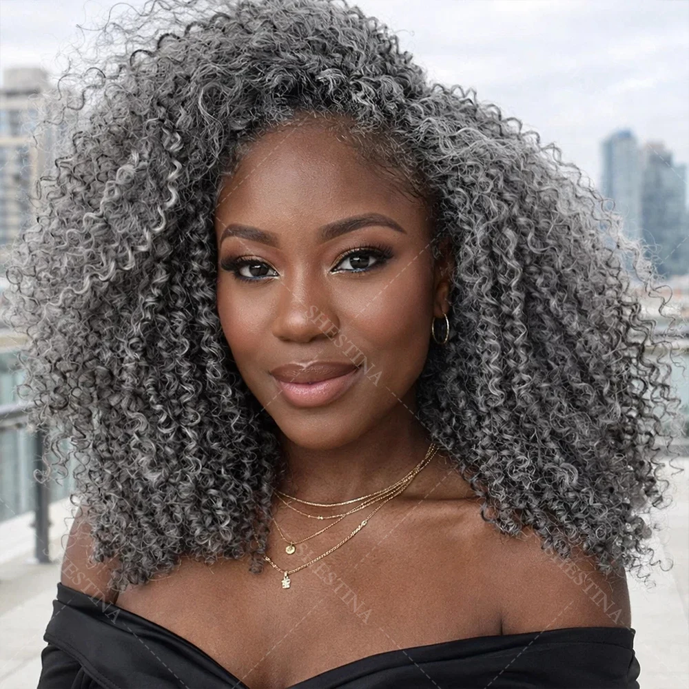 

Мягкая смесь соленых и перечных оттенков для начинающих, афро-кудри, натуральные человеческие волосы, полупарик 3 в 1, готовый к использованию, без клея, для женщин.