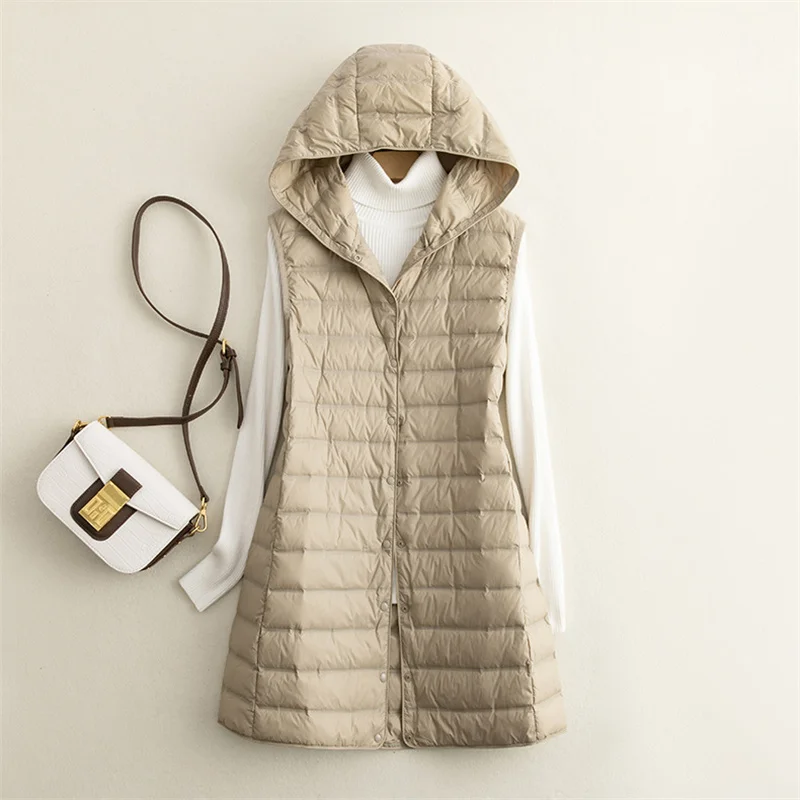 

Autumn Winter Hooded Down Waistcoat Coat Women Warm Ultra Light White Duck Down Vest Parkas Ladies Sleeveless Long Tank Outwears