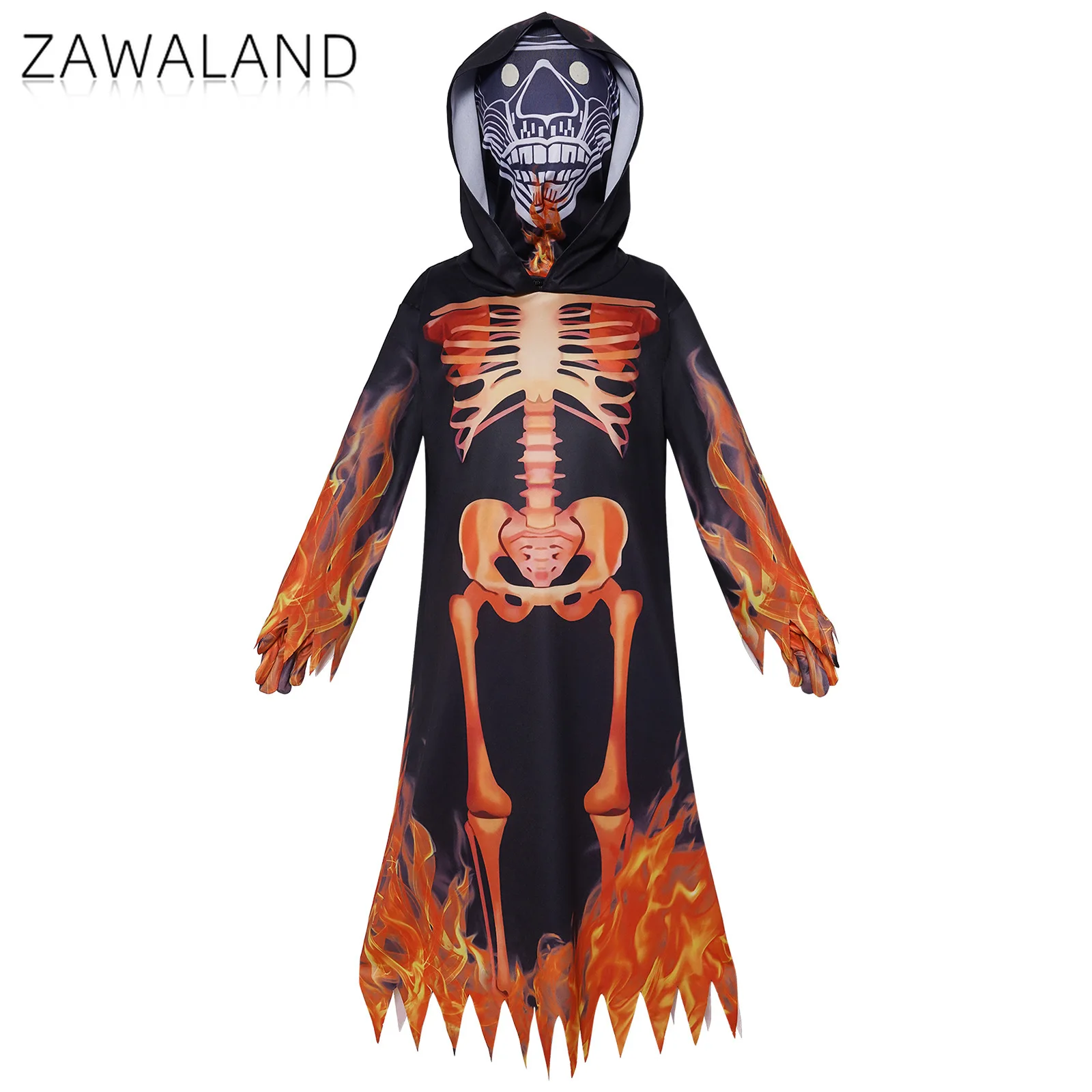 

Flame Skeleton Cosplay Costume Children Head Cover and Gloves Halloween party Performance Hoodie Carnival Holiday Stage Outfits